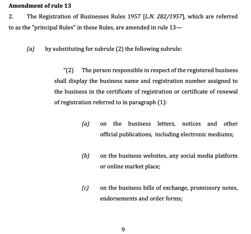 Registration of Businesses Amendment Rules 2020 excerpt