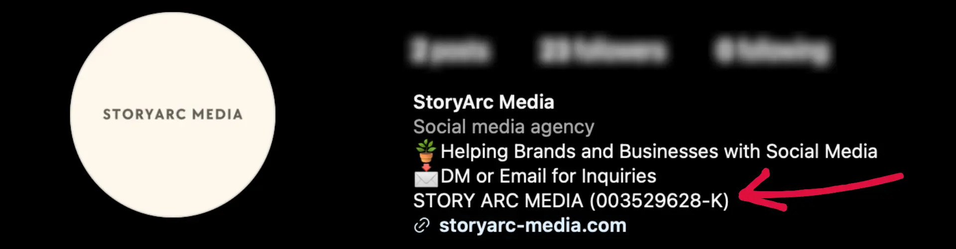 StoryArc Media Instagram bio showing registration details